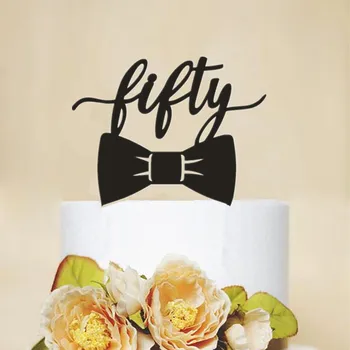 

Acrylic Fifty Cake Topper Bow Shape 50th Birthday Cake Topper Unique 50th Anniversary Party Decorations Cake Accessory Supplies