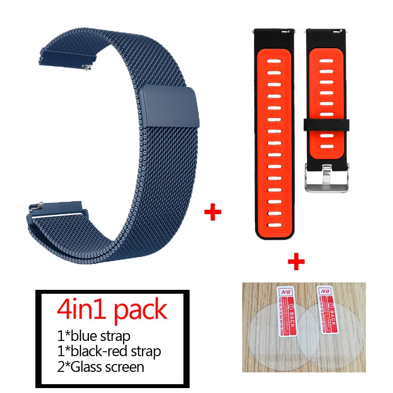 4в1 для Xiaomi Huami Amazfit Pace ремешок Смарт-часы из нержавеющей стали Металл+ силиконовый браслет ремень+ стекло Защита экрана - Цвет: black red-blue