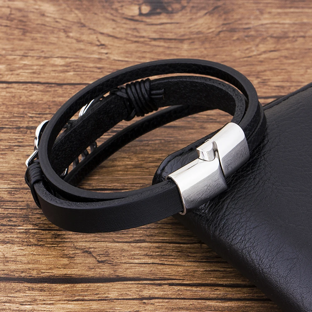 Handmade Charm Punk Rope Metal Stainless Steel Genuine Leather Men Bracelets Animal Shrimp Magnetic Clasp Black Jewelry