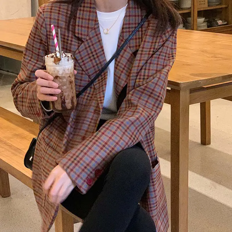 

Autumn Elegant Plaid Woman Blazer Coat Casual Long Sleeve Coat Office Ladies Pocket Korean Style Suit blazers For Women Jacket