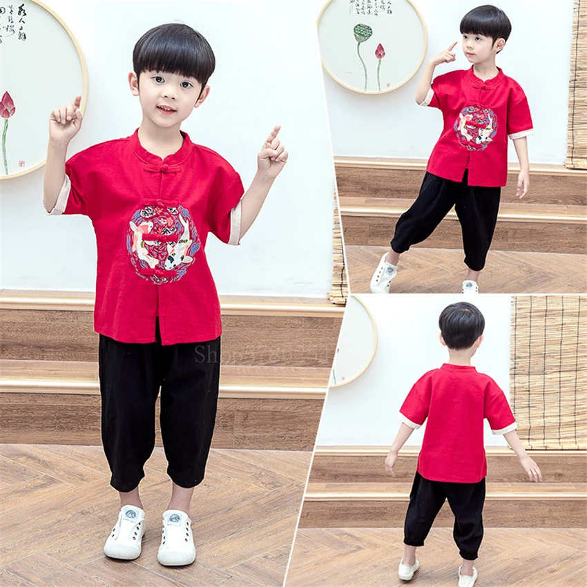 Summer Cotton Traditional Chinese Clothing for Kids Shirts Carp Vintage Top Pants Suit New Year Clothes Kung Fu Hanfu Men