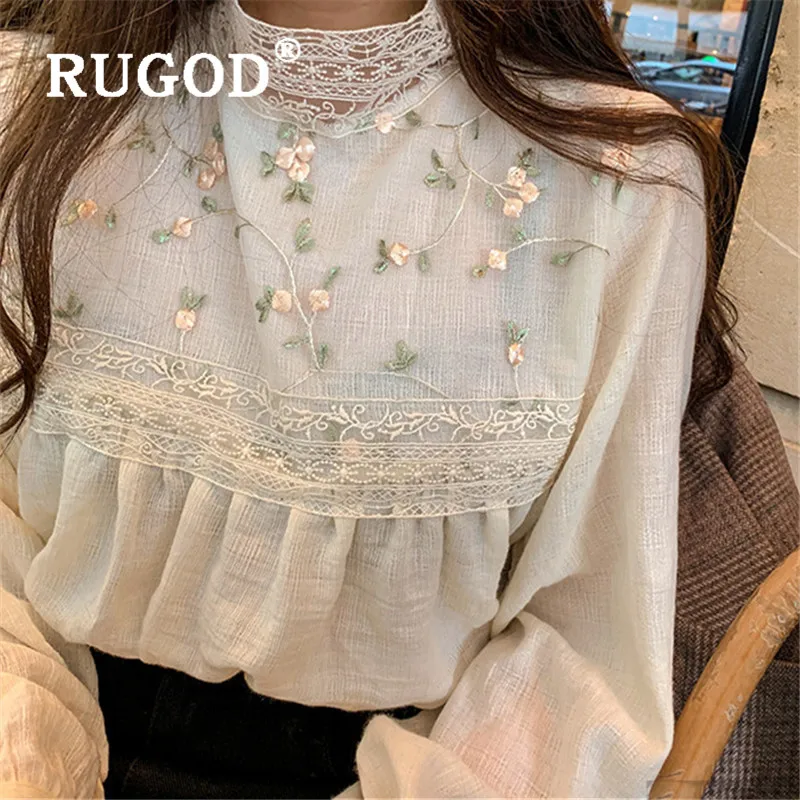  RUGOD 2020 Spring Embroidery Lace Blouse Women Blouses Long Sleeve Elegant Top Korean Fashion Cloth