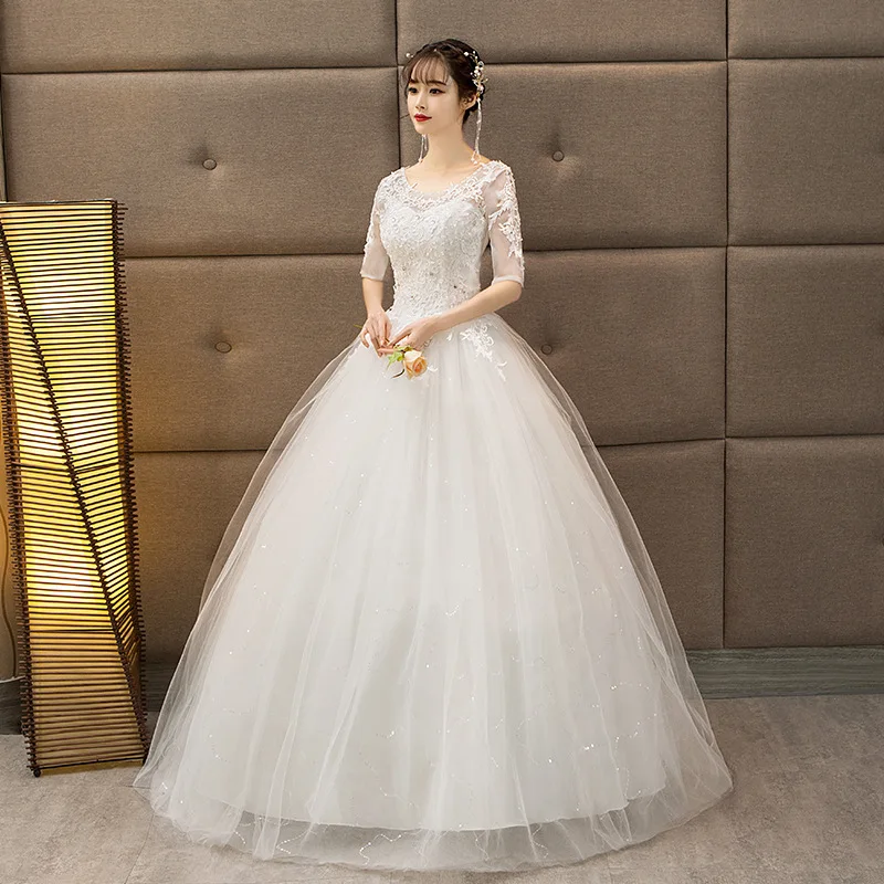 It's YiiYa Wedding Dress O-neck Half Sleeve Wedding Dress Plus Size Elegant Lace Bridal Gown Crystal Long Vestido de novia OY063