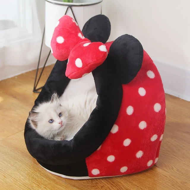 Cute Cat Bed Warm Pet Basket Cozy Kitten Lounger Cushion Cat House Tent Very Soft Small Dog Mat Bag For Washable Beds For Cats red black-Style 3