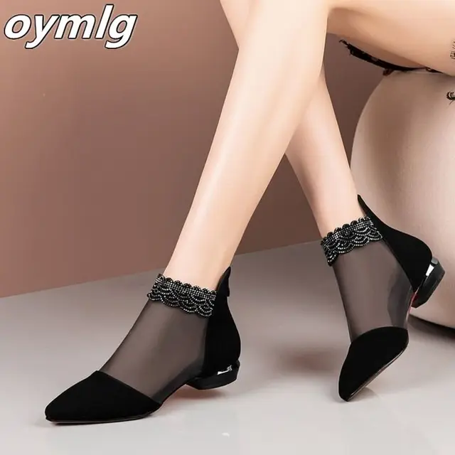 Sandalias de tacón bajo con cremallera para mujer, zapatos informales con flores y encaje en el tobillo, color negro, novedad de verano, 2020