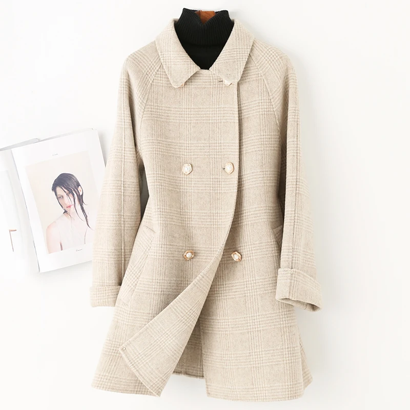 creamy white plaid KMETRAM зимнее пальто женское Шерстяное Пальто Женская куртка двухстороннее шерстяное пальто Корейская длинная куртка Manteau Femme MY4780 - Цвет: creamy white plaid