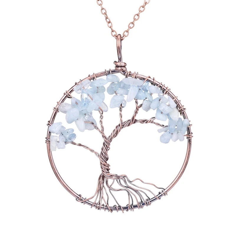 SEDmart 7 Чакра дерево жизни кулон ожерелье Медь с натуральным кристаллом кварца ожерелье Кварцевые подвески с камнями женский Рождественский подарок - Окраска металла: Aquamarine