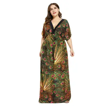 

Women Boho Print Short Sleeve Long Maxi Dress Plus Size V Neck Holiday Beach Sundress Party Kaftan 6XL 7XL Ethnic Bohemian Robe