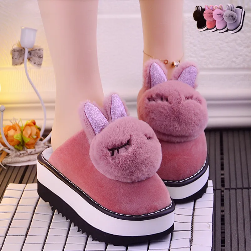 

Winter High-heeled Anti-slip Cute Rabbit Inhome To Keep Warm Furry Ball Cotton Slippers Indoor Home Slope With Warm Cotton Shoes