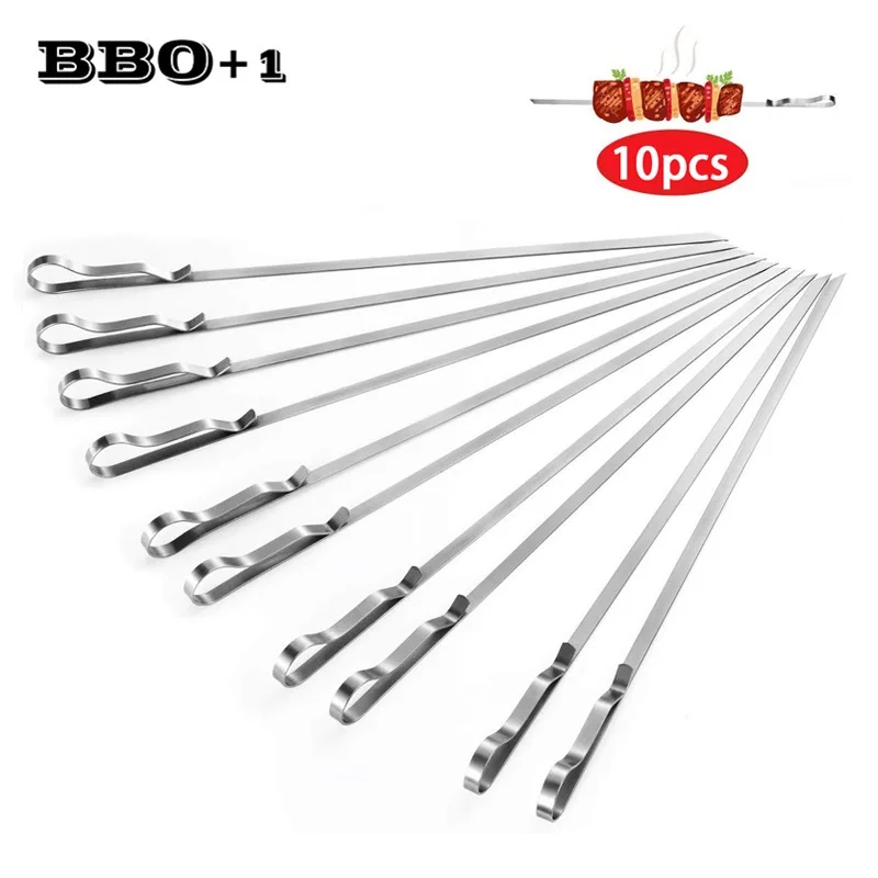 6-10pcs Long Stainless Steel Shish Kebob Skewers Wide Reusable Grilling Fork Set for Meat Shrimp Chicken Vegetable 16.8" 42cm
