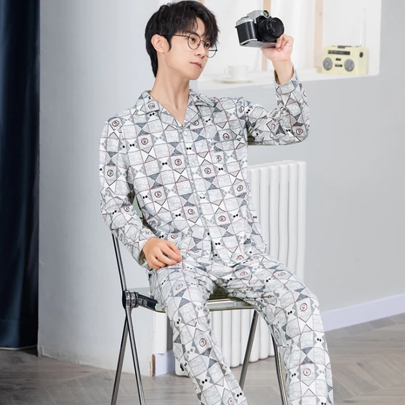 best mens pajamas 2021 New Style Men's Pajamas Set Spring Autumn Warm Cotton men Pajamas Sets Long Sleeve Sleepwear Top +Pant Leisure Wear Clothes organic pyjamas