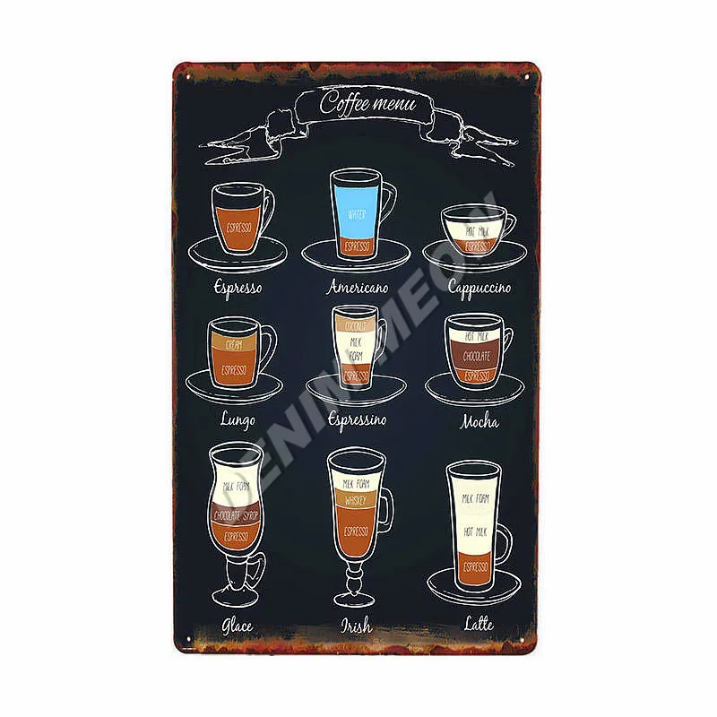 Кофейное меню металлическая жестяная вывеска винтажный напиток настенный художественный плакат Кофейня Бар Клуб Кафе Магазин Доска потертый шик домашний декор WY93