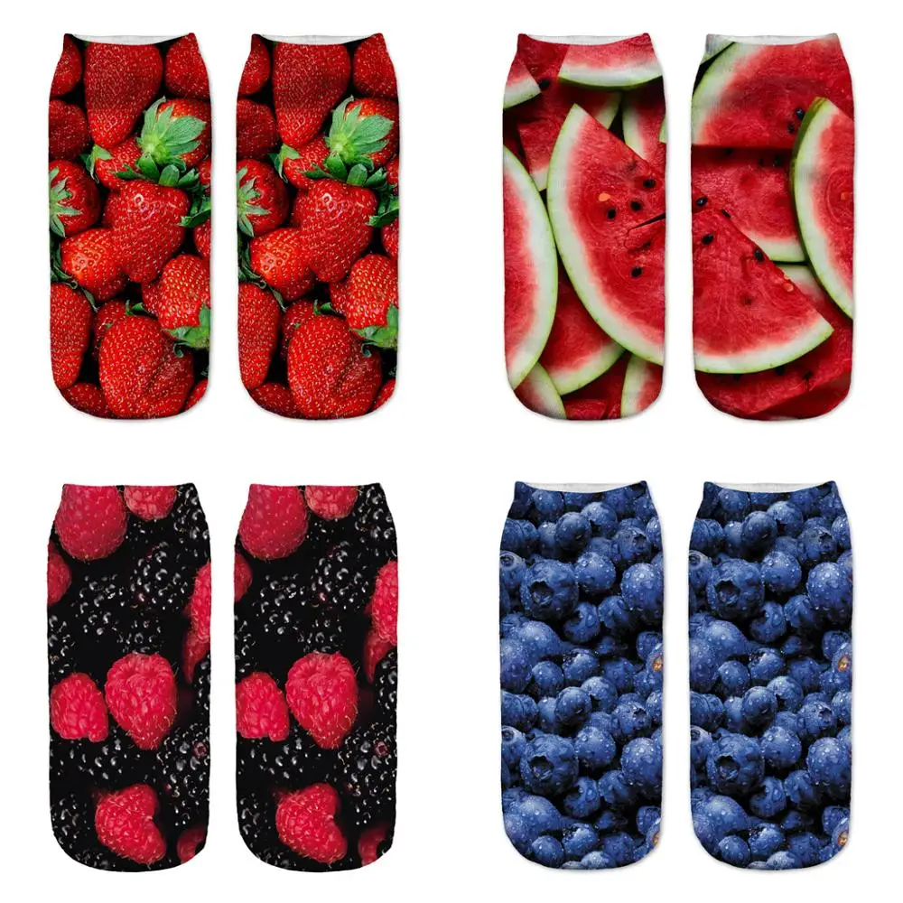 

2019 New 3D Printed Fruit Strawberry/Watermelon/Blueberry cute cotton short ankle socks for women ladies harajuku korean socks