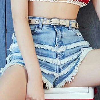 

OUSHANG Multi-layer hair tassel women's Denim Shorts Buttons Blue Elastic slimming Short Pants Female Fashion 2020 New
