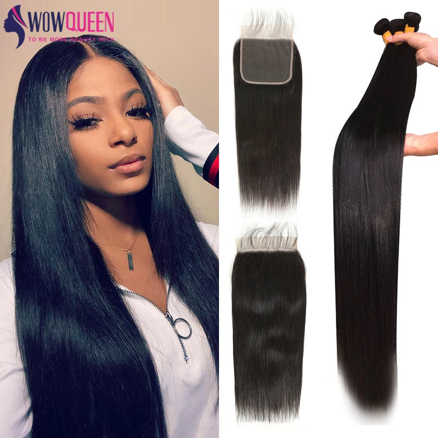 5x5 Closure And Bundles 30 Inch Straight Hair Bundles With Closure WOWQUEEN Brazilian Hair Remy Human Hair Bundles With Closure