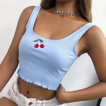 

Fashion Summer Cotton Ribbed Cherry Embroidery Tank Top Sweet Cropped Sleeveless Top Vest Crop Tops Clothing
