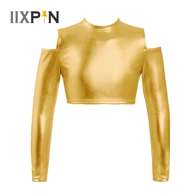 

Kids Girls Ballet Dance Crop Top Long Sleeves Off Shoulder Glossy Metallic Tops Gymnastics Workout Performance Dancing Costume