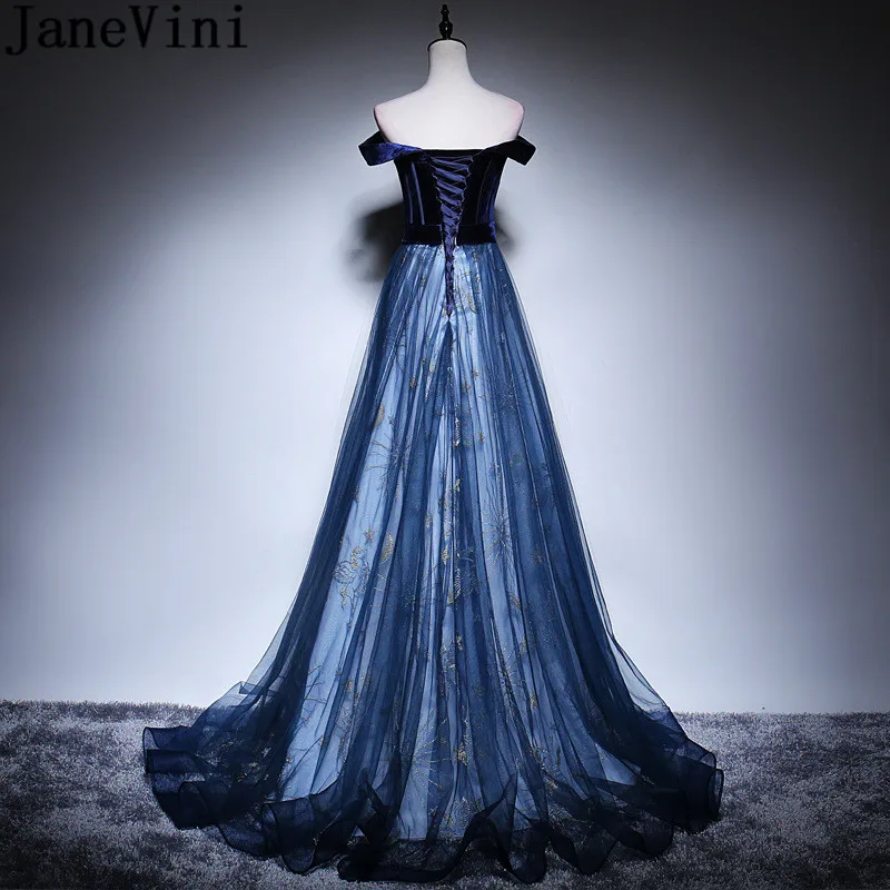 JaneVini Elegant Evening Dress Long Prom Dresses Off Shoulder Deep Blue Tulle Star Lace Velvet Party Gown Robe De Soiree