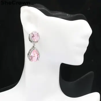 

34x14mm SheCrown Romantic Pink Kunzite White CZ Woman's Gift Silver Earrings