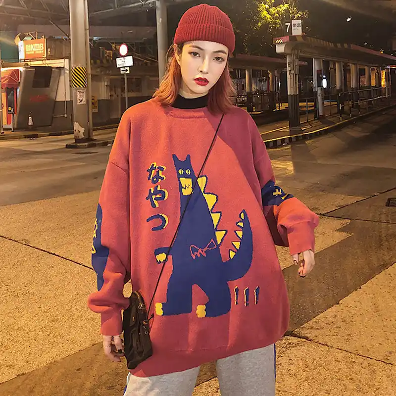 男性ヒップホップセータープルオーバーストリート日本恐竜プリントニットセーターレトロヴィンテージ秋のヒップホップセータージャンパー プルオーバー Aliexpress