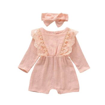 

Newborns Long Sleeve Romper Infant Sweet Girls Solid Color Lace Flower Autumn Jumpsuit Baby Clothes + Bow Headband Set 3-24M A20