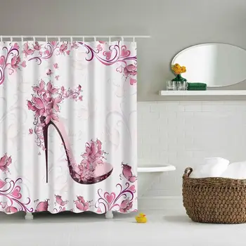 

Waterproof Thicken 3D Pink Shower Curtain Fantasy Flowers High Heels Mildew Proof Bath Tub Curtain with 12 pcs Hooks