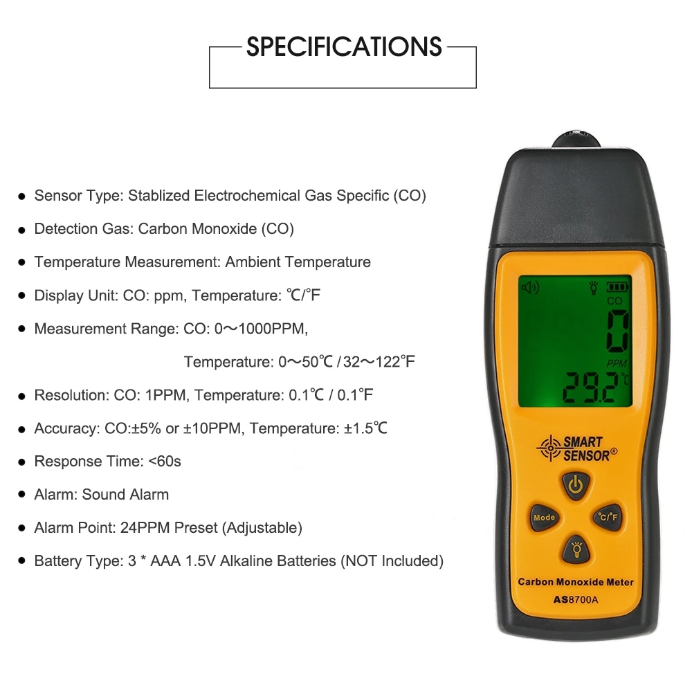 Умный датчик, ручной измеритель угарного газа СО, газовый тестер, монитор, детектор, датчик, ЖК-дисплей, звук и светильник, сигнализация, 0-1000ppm