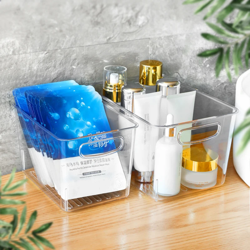 Clear Storage Container Bin Open Compartment Organizer With Cutout Carrying Handles Basket Box |