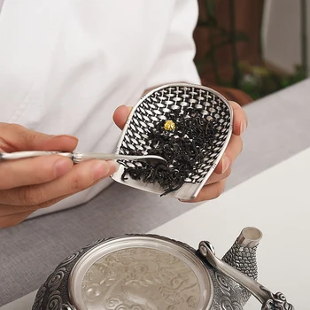 

Sterling silver tea shovel tea spoon combination set handmade silverware 999 old teaspoon Kung Fu tea set tea set