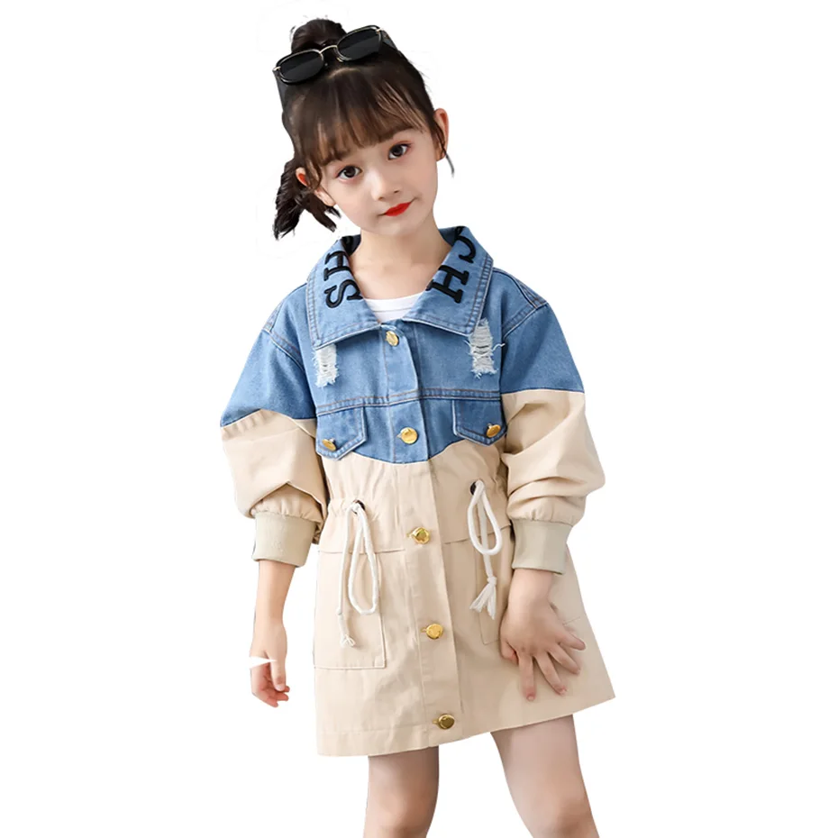 2020 Kids Jacket Patchwork Denim For Girls Slim Drawstring Windbreaker Spring Autumn Novelty Clothes Party | Детская одежда и