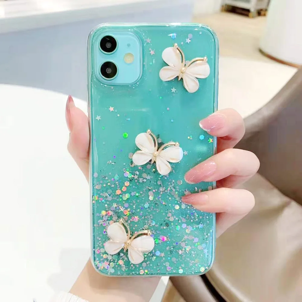 Для HUAWEI mate серии. P серии. Серия nova. Серия Honor. Мягкий силиконовый чехол для телефона с жидкими блестками звездами небом красивыми бабочками - Цвет: Зеленый