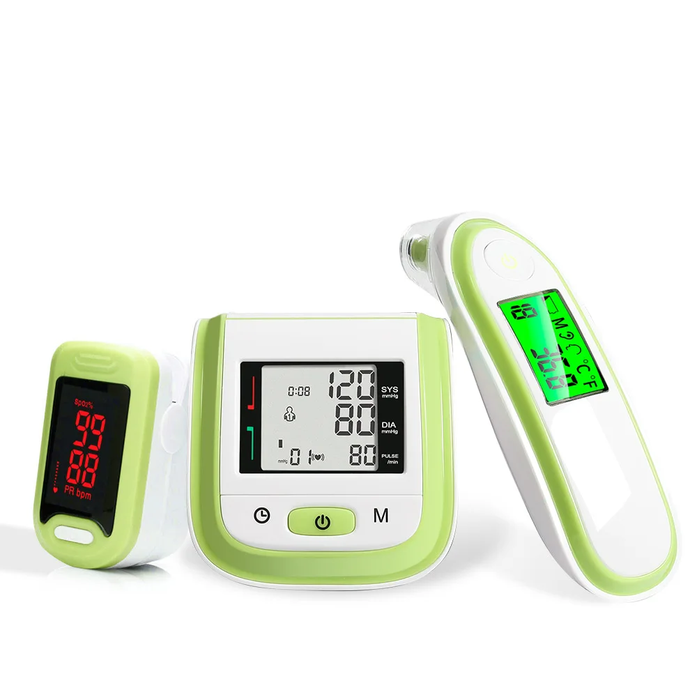 Домашний наручный Монитор артериального давления, инфракрасный термометр, ЖК-дисплей, цифровой пальцевой зажим, пульсоксиметр, семейный комбинированный набор - Цвет: Green