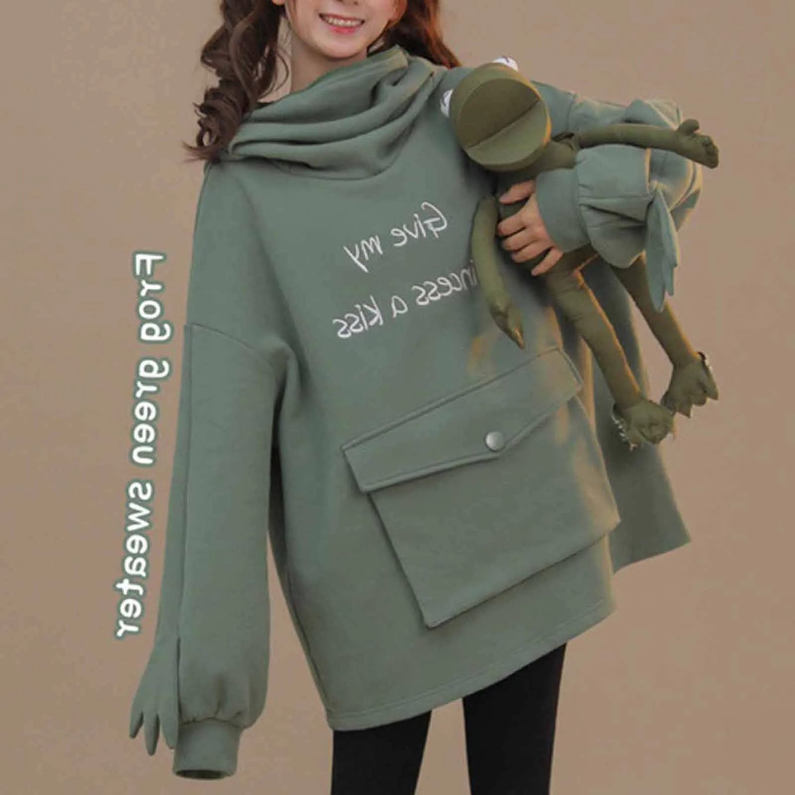 Plus Velvet Sweatshirt Women Hoodies Sweet Japan Top Creative Stitching Three-dimensional Cute Frogs Pullover Pocket Hoodies