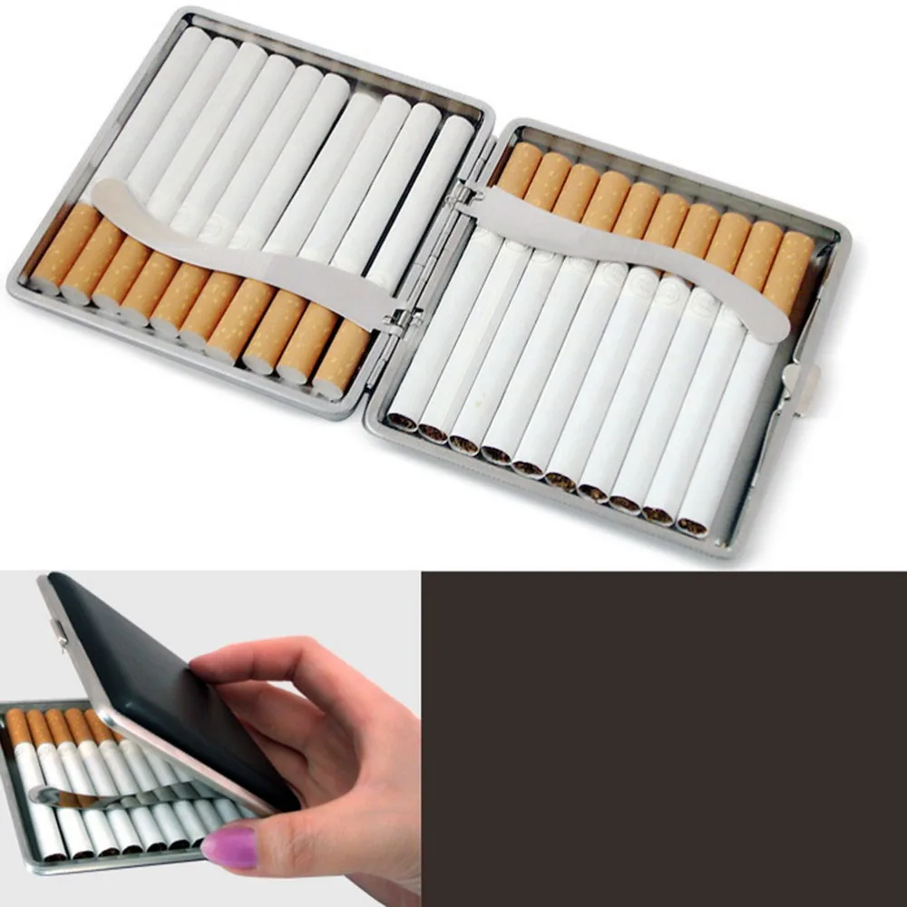 

New Faux Leather Metal Frame Black Cigarette Storage Case Box Container for Lighter