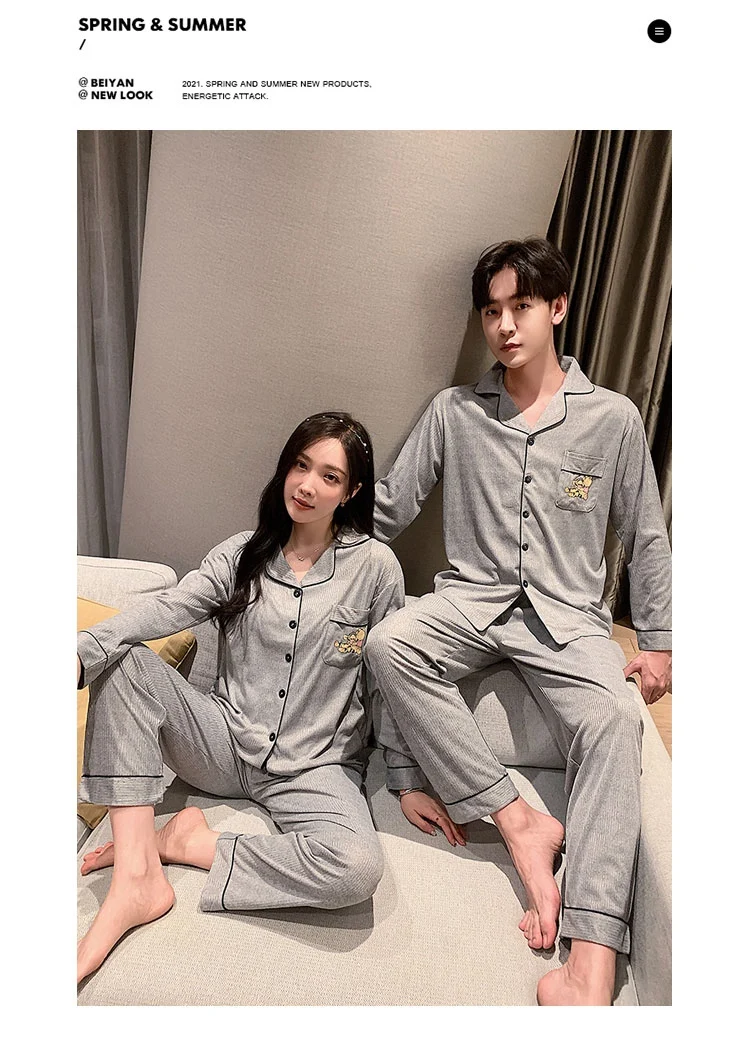 mens silk pajama set 2021 Autumn Couples 100% Cotton Long Sleeve Pajama Sets for Men Korean Sleepwear Suit Pyjamas Lounge Homewear Women Home Clothes mens pyjama tops