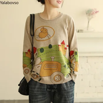 

Soft retro printed knitted sweater female vintage art long-sleeved sweater cartoon knitted bottom line shirts for women