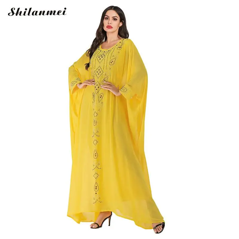 

2019 Yellow Plus Size Maxi Dress Long Batwing Sleeve Big Size Boho Dresses Women Autumn Long Chiffon Dress Vintage Party Vestido