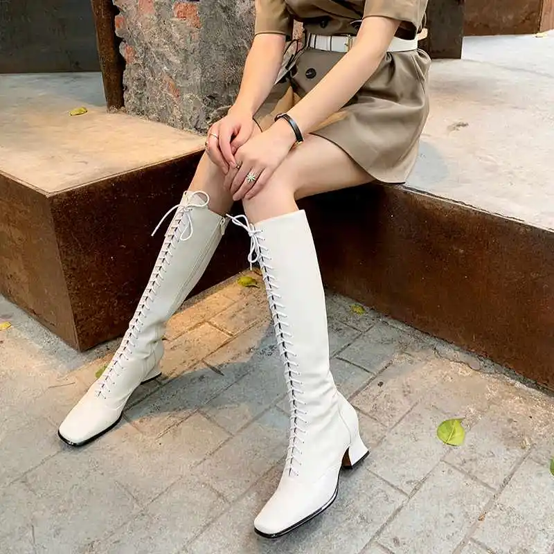 Krazing Pot elegant British style fashion lace up boots square toe high heels winter warm women side zip thigh high boots L66