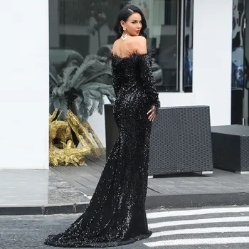 

Long Party Dress Boat Neck Sexy Feather Long Sleeve Sequin Party Dress Long Sleeve Dress Vestidos De Fiesta De Noche