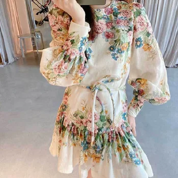 

2020 New Fashion Women Mini Dress Vintage Palace style Floral Print Slim Waist lace-up Long Sleeve Elegant Ruffles Short Dresses