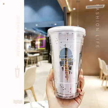 

Milk with Dome Lids Double Wall Plastic Drink Cups With Straw Reusable White Pink Water Bottle Fruit Cup