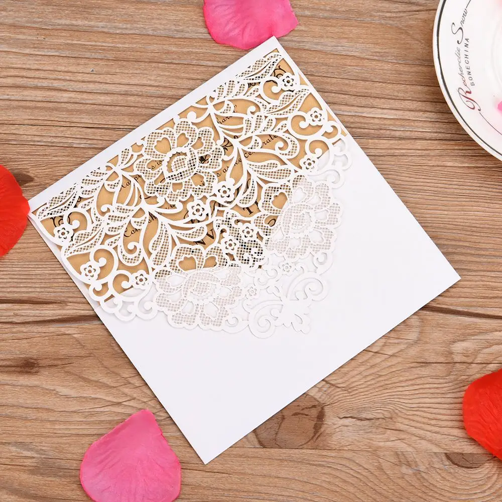  10pcs Floral Pattern Wedding Invitations Cards Pearl Paper Wedding Cards Invitation with Blank Inne - 4.00032E+12