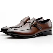 New Genuine Cow Leather Men Dress Shoes Fashion Pointed Toe Buckle Slip On Wedding Shoes Men's Office Monk Strap Shoes