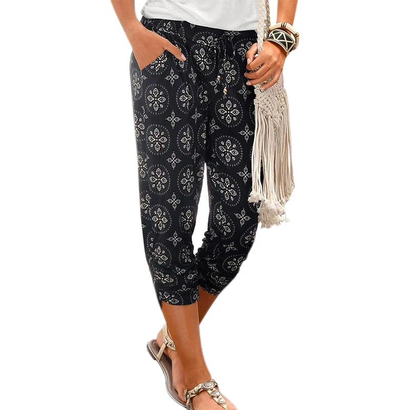 VICABO Printed Womens Pants Calf-Length Capris Elastic High Waist Casual Beachwear Trousers Pockets Ladies Harem Pants VICABO Printed Womens Pants Calf-Length Capris Elastic High Waist Casual Beachwear Trousers Pockets Ladies Harem Pants