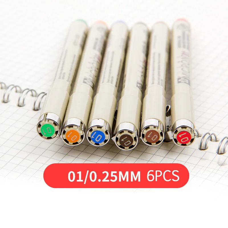 01-0.25mm 6pcs Набор маркеров Pigma цветная Микрон ручка кисть для рисования 005 01 02 03 04 05 08 1,0 2,0 3,0 кисть художественный маркер - Цвет: 01-0.25mm 6pcs