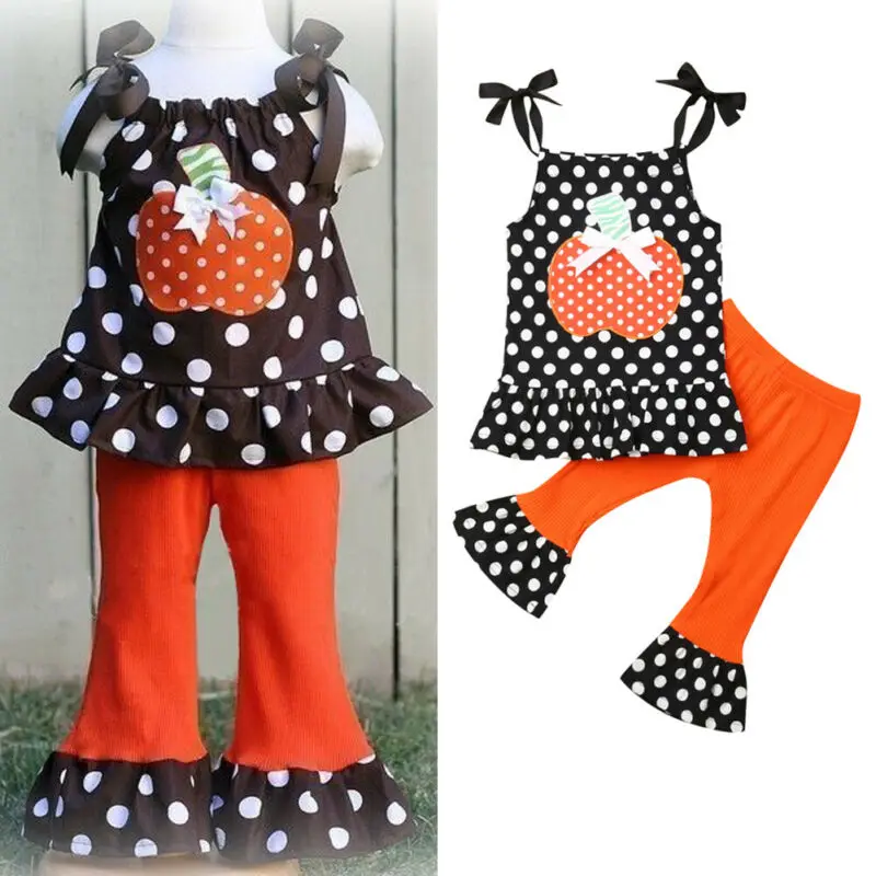 

Toddler Baby Girl Halloween Sleeveless Ruffle Polka Dot Tops Dress Flared Pants Set Outfits Autumn Clothes