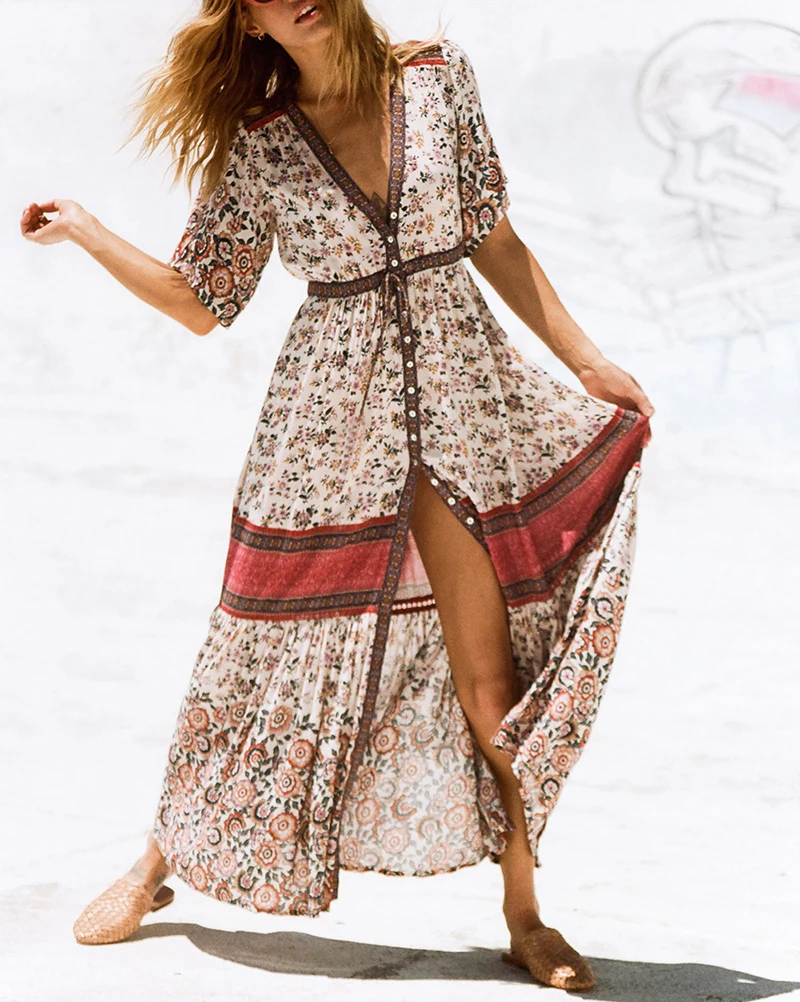 Everkaki Boho женское Макси платье с принтом цыганское Vestidos пуговицы с коротким рукавом Винтаж для женщин платья женские Лето Осень новинка