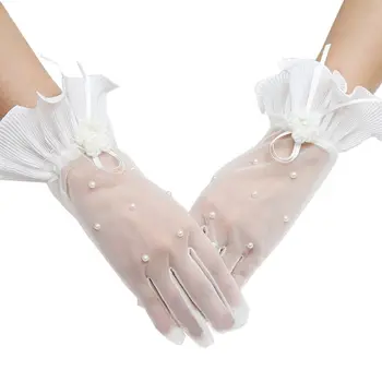 

Wedding Bridal Sweet Ruffles Lace Short Gloves Faux Pearl Beaded Floral Bowknot Ribbed Cuffs Prom Party Mittens