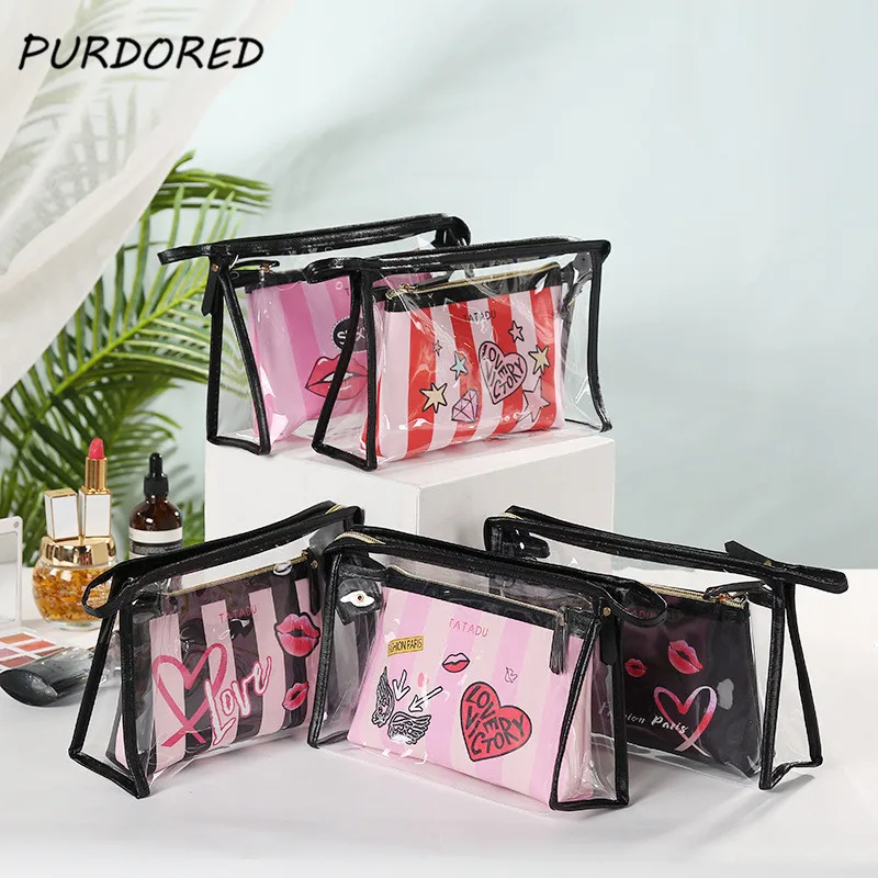 

PURDORED 2 Pcs/set Fashion Women Cosmetic Bag PVC Zipper Make Up Bag Clear Travel Cosmetic Organizer Storage Pouch Toiletry Bag