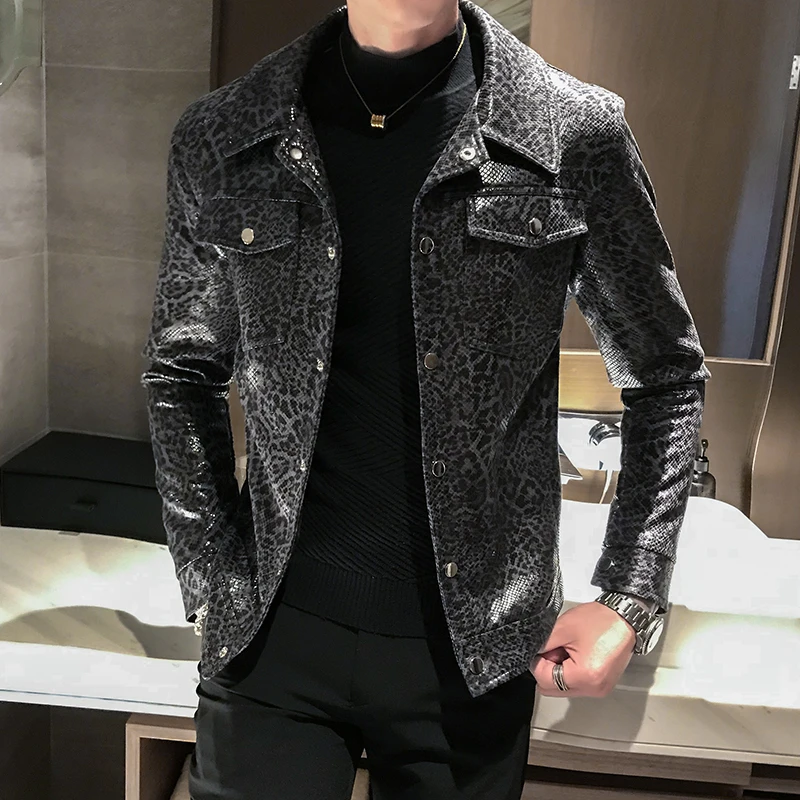 Jaqueta De Couro Masculina, осенняя мужская кожаная куртка с леопардовым принтом и карманами, кожаная одежда, Свободное пальто